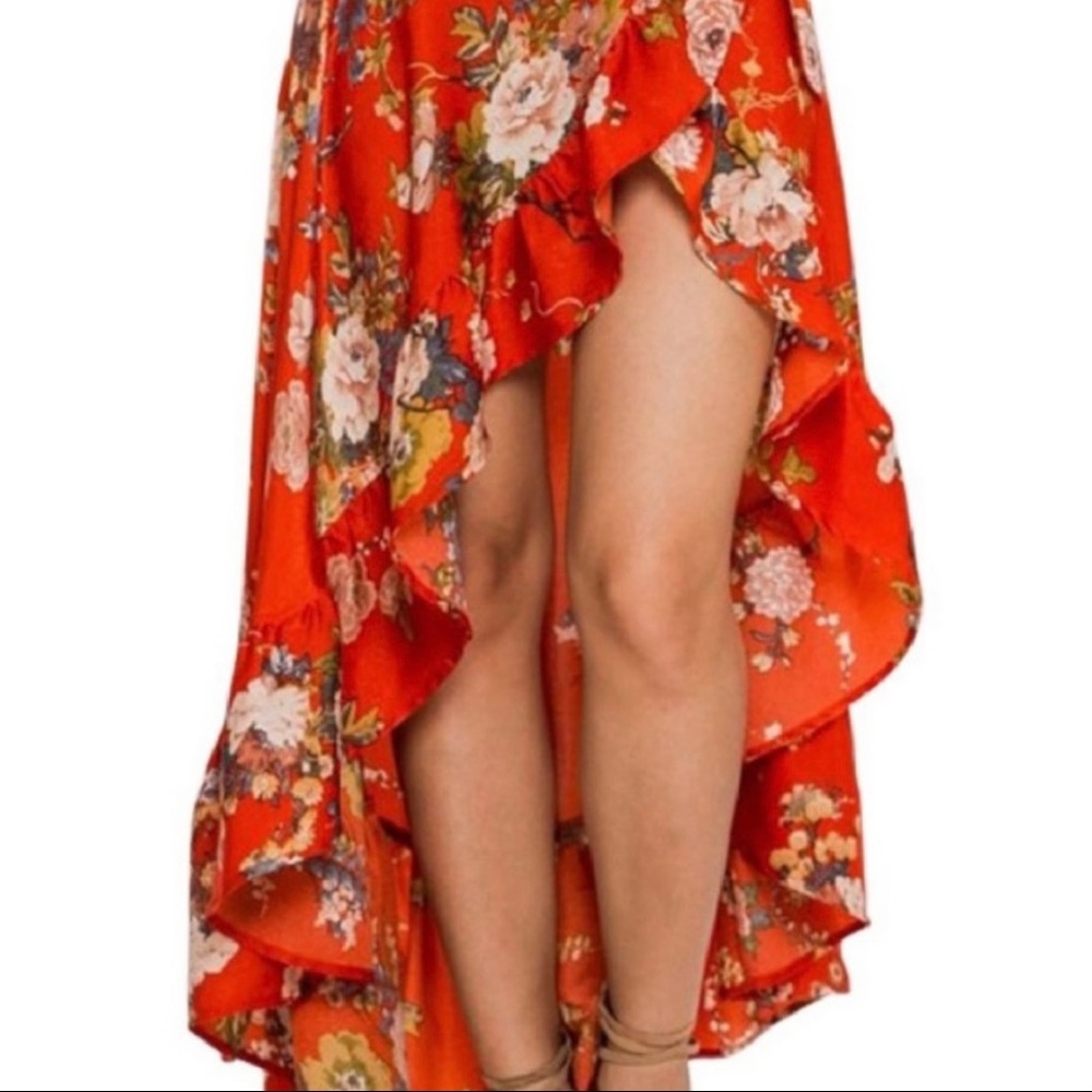Jealous Tomato Floral Print Ruffle Hi Low Wrap Maxi Skirt Red Bohemian Gypsy S